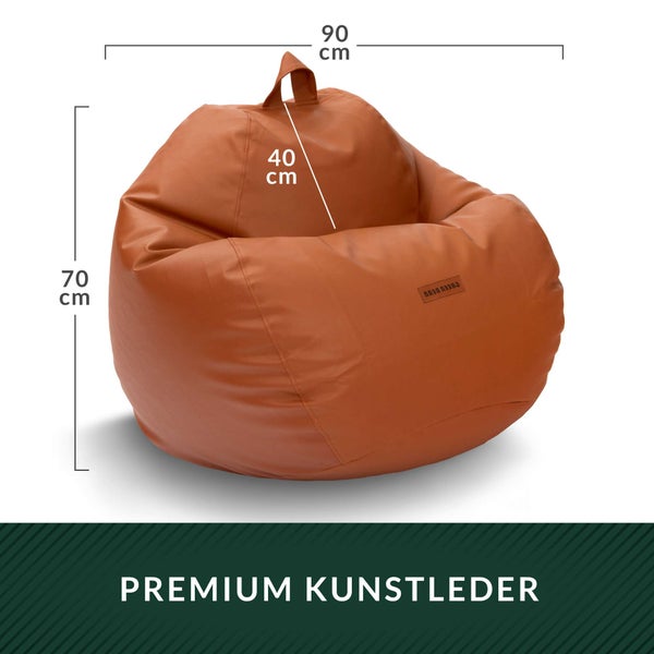 Green Bean Sitzsack aus Kunstleder mit EPS Perlen Füllung - 90 x 70 cm - Bean Bag Sitzkissen Sitzpuff Sitzsessel Bodenkissen Lounge - Cognac