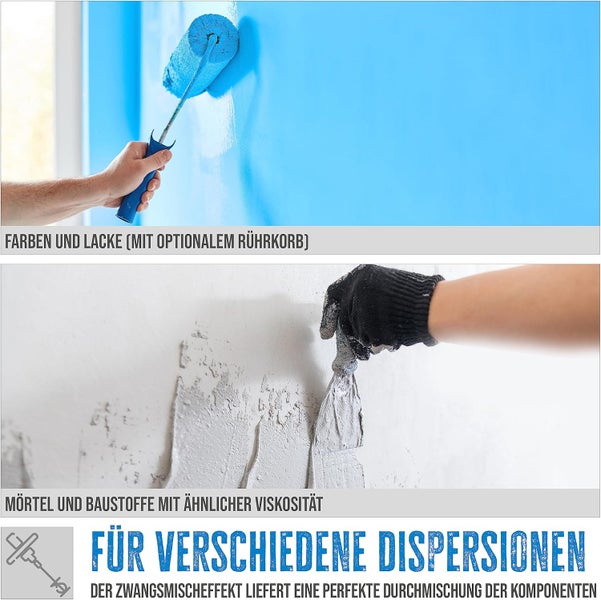Anwendung von Wandfarbe mit einer Farbwalze und Mörtel mit einem Spachtel zur Veranschaulichung verschiedener Dispersionen.