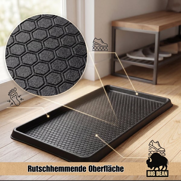 Schuhabtropfschale von Big Dean mit rutschhemmender Wabenstruktur und Symbolen für sicheren Halt auf Holzboden.