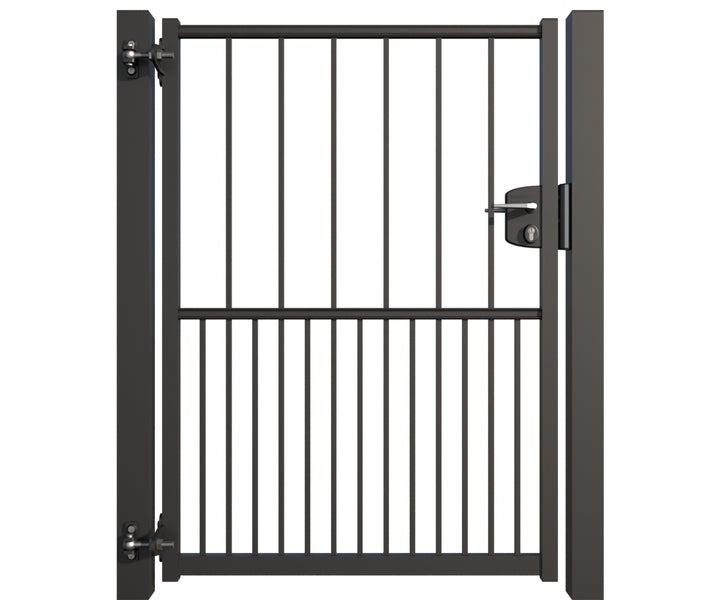 Gartentor aus Metall mit Schloss und senkrechten Streben