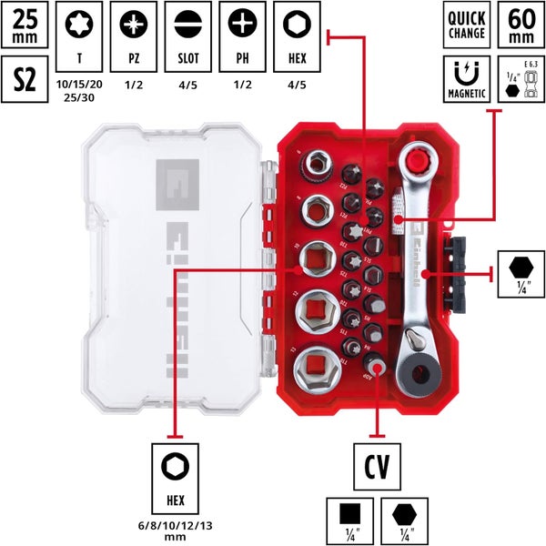 Einhell XS-CASE 21-tlg. Bit- und Steckschlüssel-Set (25-mm-Bits, Steckschlüssel, Schnellwechselbithalter, Adapter, Umschaltknarre inkl. Aufbewahrungsbox)