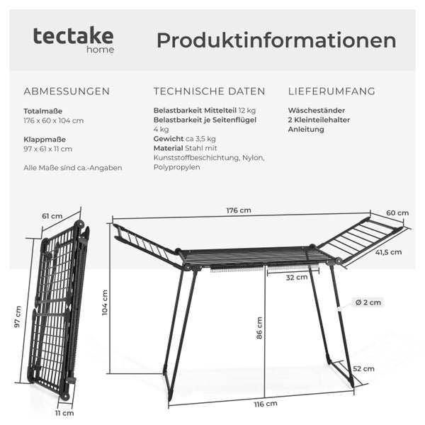 Technische Zeichnung eines Tectake Wäscheständers mit Maßen und Produktinformationen