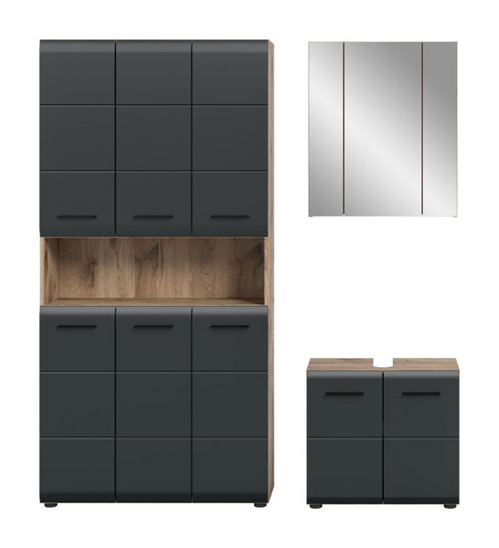 Badezimmermöbel-Set bestehend aus Hochschrank, Spiegelschrank und Waschbeckenunterschrank in Anthrazit und Holzoptik.
