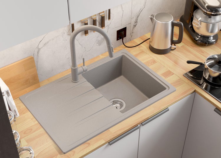 PRIMAGRAN Spülbecken Grau 78x50cm, Granitspüle 1 Becken + Ablauf-Set, Küchenspüle ab 45er Unterschrank - Mailand