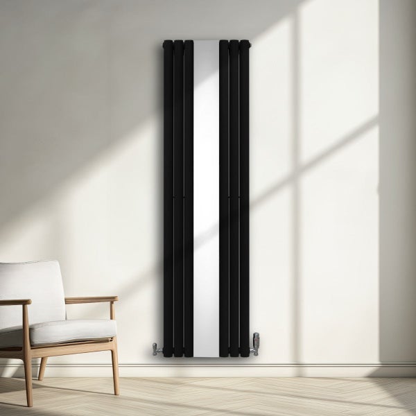 Oval Röhrenheizkörper mit Spiegel & Chrom Thermostatventile - 1800mm x 500mm – Schwarz