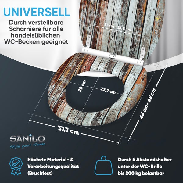 WC Sitz mit Holzoptik Muster und verstellbaren Scharnieren inklusive Maßangaben für eine universelle Montage auf handelsüblichen WC Becken.