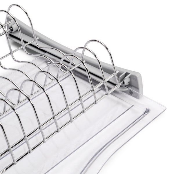 Tellerhalter für Küchenschränke aus verchromtem Metall mit grauer Kunststoffbasis und transparenter Auffangschale.
