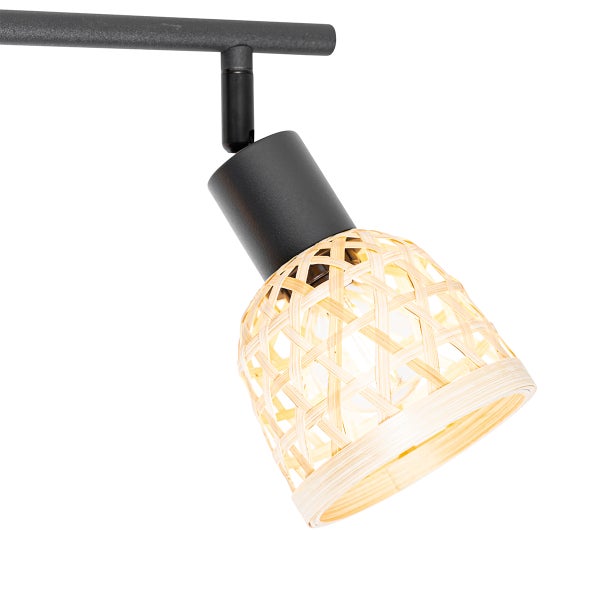 Strahler mit Lampenschirm aus Holz und Metallschiene