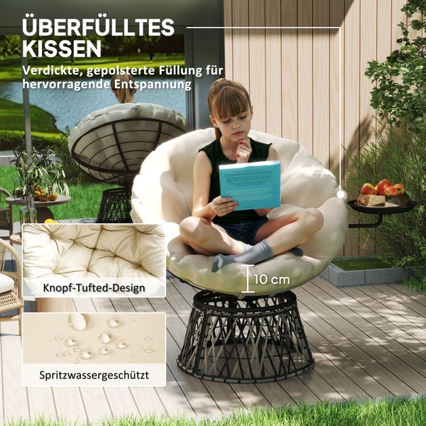 Outsunny Papasansessel Rattan 360° drehbar Korbsessel mit Kissen Durchmesser 90 cm runder Outdoor Rattansessel Drehsessel Loungesessel Liegesessel für Wohnzimmer Garten Balkon Beige