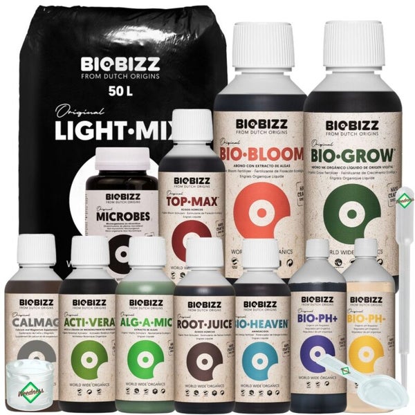 Biobizz Set zur Pflanzenzucht mit 50 Liter Light-Mix Erde, verschiedenen Flüssigdüngern wie Bio-Bloom und Bio-Grow sowie Dosierzubehör.