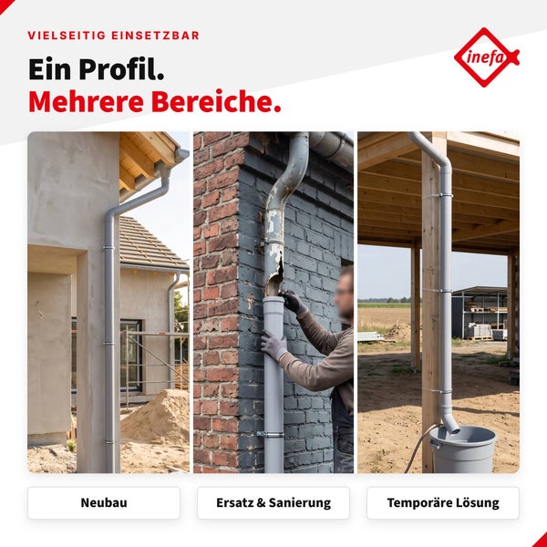 Inefa Logo und Anwendungsbeispiele für Regenfallrohr bei Neubau, Sanierung und temporärer Installation am Holzpfosten.