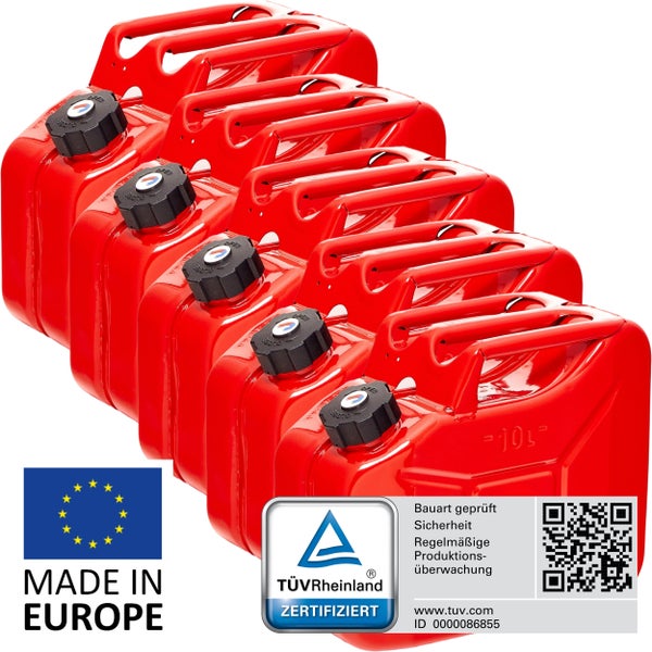 BW® Kraftstoffkanister Metall Benzinkanister 5x 10 Liter mit Schraubverschluss - Rot - RAL 3000 - TÜV-geprüft und UN-Zulassung - Made in Europe