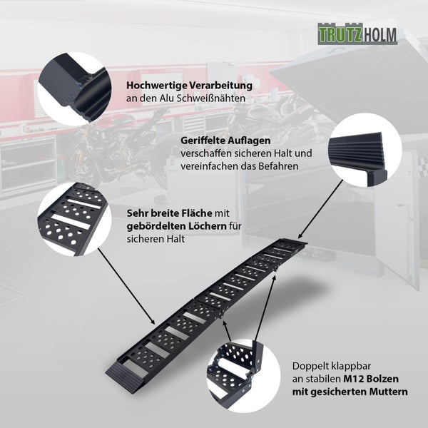 Trutzholm Auffahrrampe aus Aluminium, doppelt klappbar, mit Details zu Schweißnähten, geriffelten Auflagen, gebördelten Löchern und M12 Bolzen.