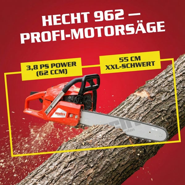 Hecht 962 Profi-Motorsäge mit 55 cm Schwert schneidet einen Baumstamm