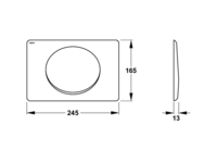 Maßzeichnung einer WC-Betätigungsplatte mit den Maßen 245 Millimeter Breite, 165 Millimeter Höhe und 13 Millimeter Tiefe.