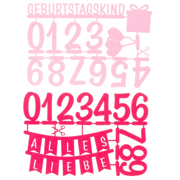 Set mit Geburtstagsaufklebern, Zahlen von null bis neun, Schriftzügen Geburtstagskind und Alles Liebe sowie Motiven wie Herz und Geschenk.
