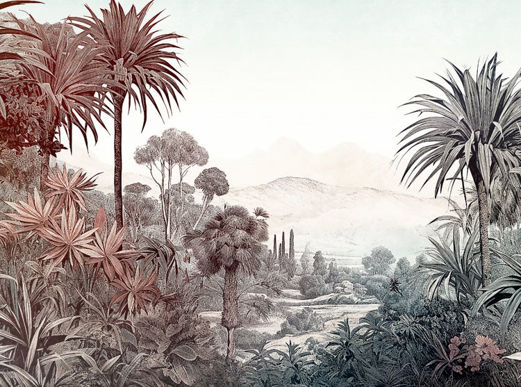 Vliestapete mit tropischer Landschaft im Vintage-Stil, Palmen, exotischen Pflanzen und Bergen in einer Skizzenoptik.