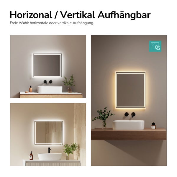 Moderner LED-Badezimmerspiegel für horizontale oder vertikale Montage, dargestellt in verschiedenen Badezimmerszenen über einem Waschbecken.