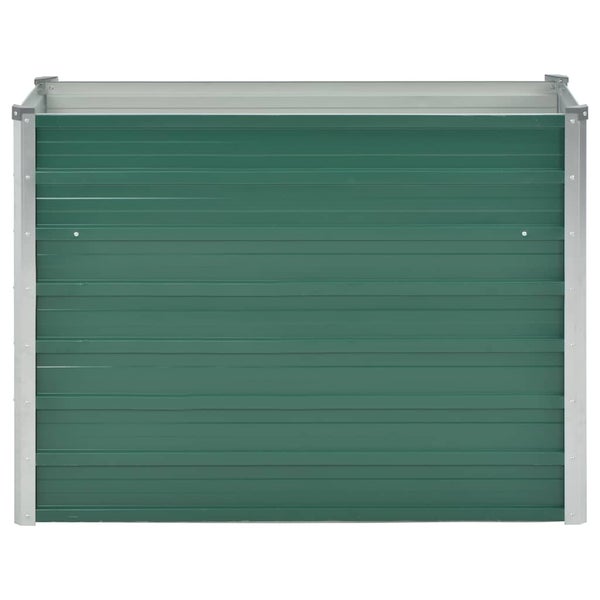 Hochbeet aus Metall mit gerippten Paneelen und silberfarbenen Eckprofilen.