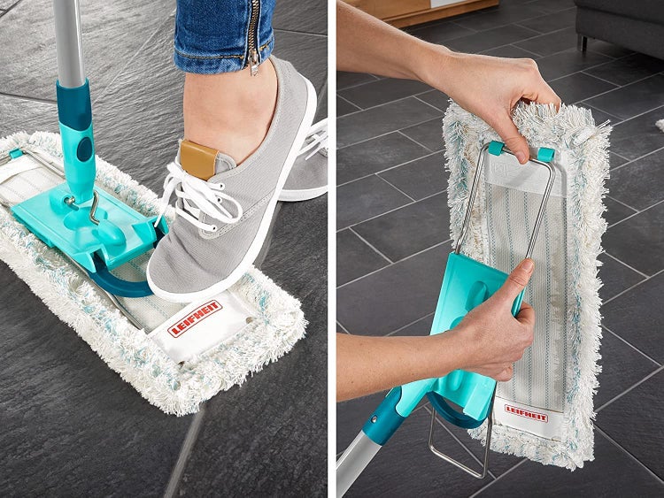 Leifheit rückenschonender Bodenwischer Profi XL cotton plus, Stahlstiel 146cm, Wischmopp mit Fußklick, für Fliesen- umd Steinböden, 360° Drehgelenk, Click-System, umweltfreundlicher Karton