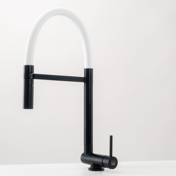 Wasserhahn Vorfenster Küchenarmatur, Umklappbar 4,5 CM, mit 360° schwenkbarem Auslauf, abnehmbare 2 strahl Handbrause, Schwarz Matt / Weiß