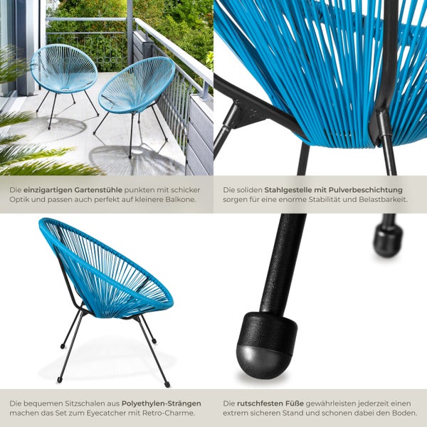 2er Set Gartenstuhl tectake Santana Belastbarkeit 120 kg, 70,5 x 69 x 78 cm Retro-Design im Acapulco-Stil blau