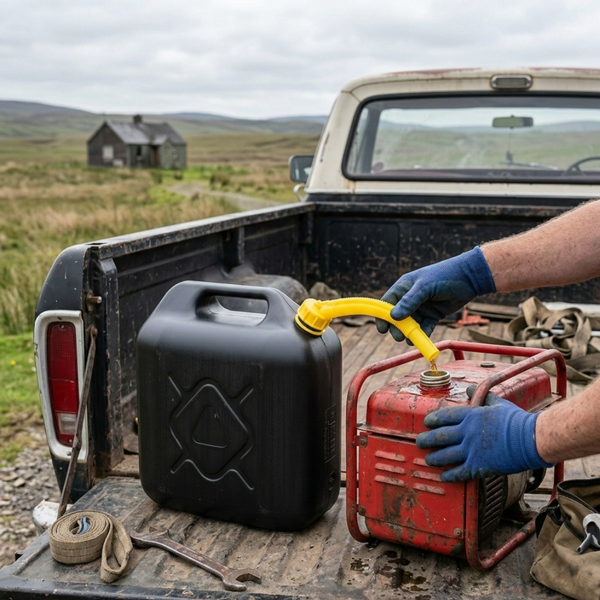 Ein Mann füllt Kraftstoff aus einem schwarzen Kanister mit gelbem Ausgießer in einen roten Generator auf der Ladefläche eines Pickups. Im Hintergrund sind eine Landschaft und ein Haus zu sehen.