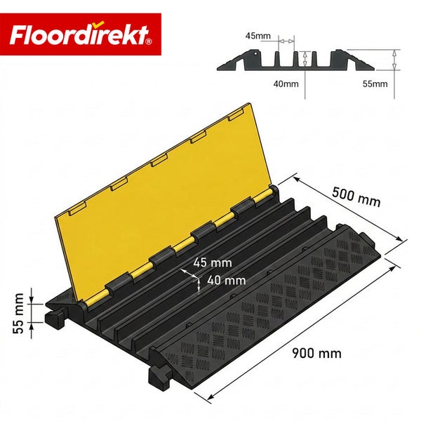 Floordirekt Logo, schwarze Kabelbrücke mit 3 Kanälen, gelber Klappdeckel, 900 mal 500 mal 55 Millimeter, Kanäle 45 mal 40 Millimeter.