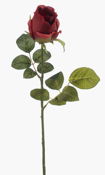 Künstliche Rose mit dunkelroter Blüte, grünem Stiel und Blättern.