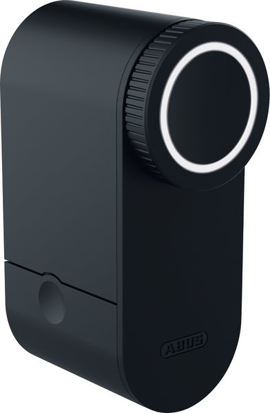 Schwarzer ABUS elektronischer Türschlossantrieb HomeTec Pro mit Leuchtring für schlüsselloses Verriegeln und Entriegeln.