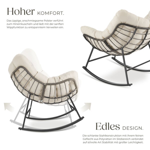 Moderner Schaukelstuhl mit Stahlgestell, Polyrattan-Geflecht und dickem Polster, Darstellung der Wippfunktion.