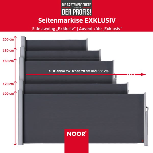 Seitenmarkise EXKLUSIV - 200x350 cm - Anthrazit - blickdichter Sichtschutz für Balkon, Terrasse & Garten - ausziehbarer Sonnenschutz/Windschutz inkl. Befestigungen - imprägniert und wasserabweisend
