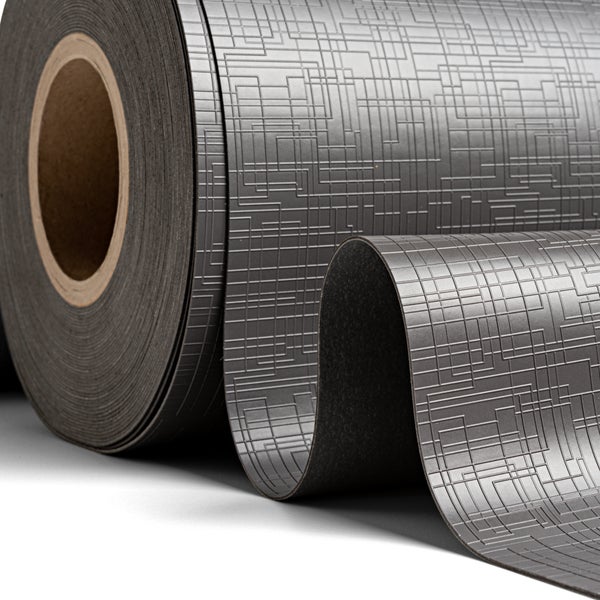 Rolle Vinyl-Bodenbelag mit dunkelgrauem geometrischem Linienmuster.