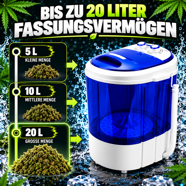 Tragbare Waschmaschine mit 20 Liter Fassungsvermögen für verschiedene Mengen an Kräutern, inklusive Ablaufschlauch und Drehreglern.