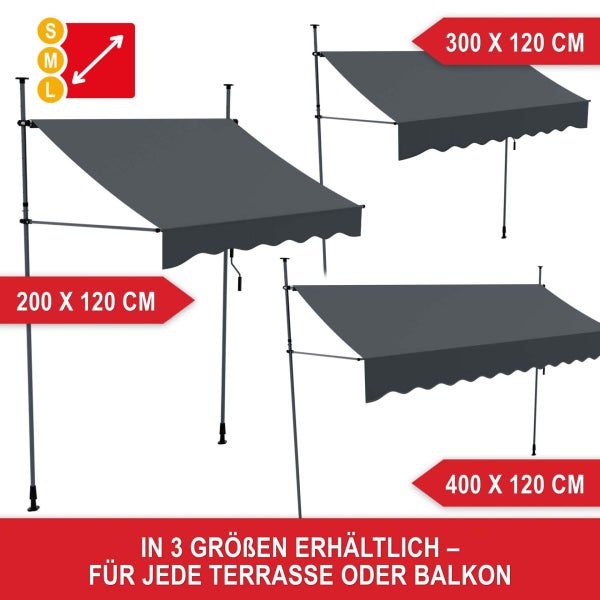 Klemmmarkise in Anthrazit mit ausziehbaren Teleskopstangen und Handkurbel für den Balkon.