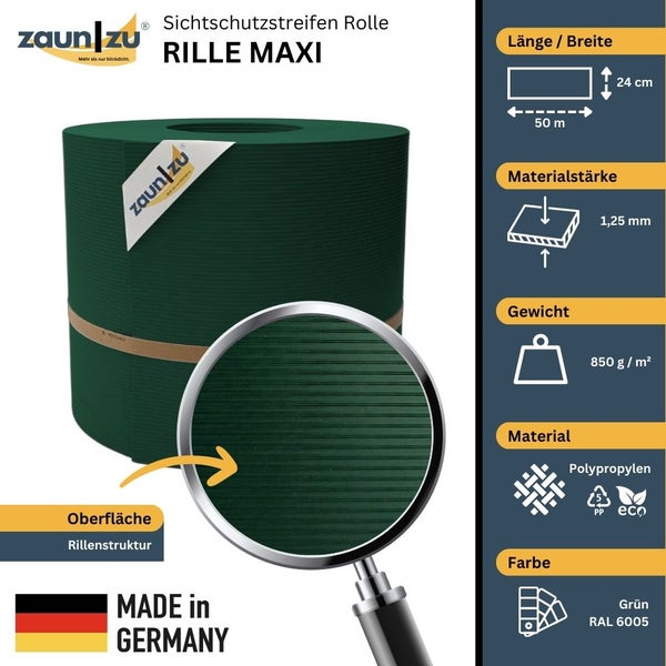 Zaun zu Sichtschutzstreifen Rolle Rille Maxi aus Polypropylen, 50 Meter lang, 24 Zentimeter breit, 1,25 Millimeter Materialstärke, 850 Gramm pro Quadratmeter, Made in Germany