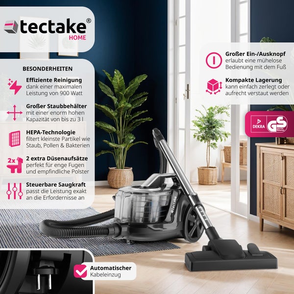 Staubsauger tectake VC900 43 x 27 x 88 - 117 cm 900 W, beutellos schwarz/grau