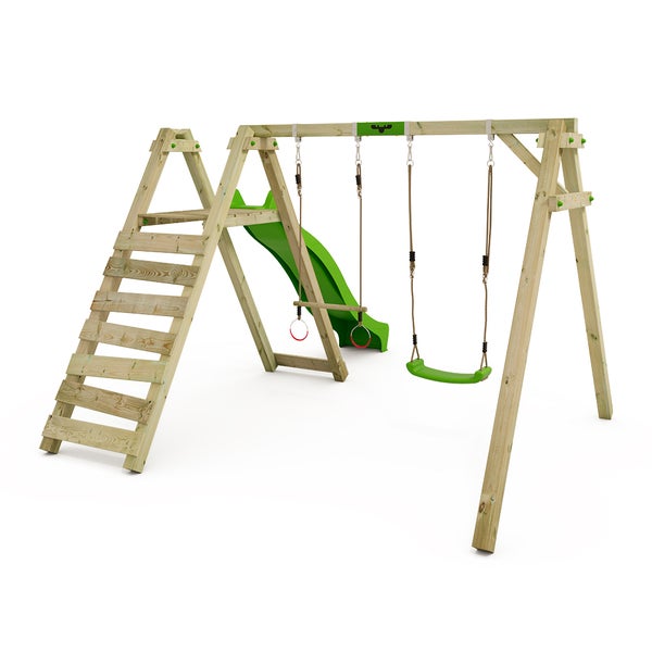FATMOOSE Kinderschaukel Schaukelgestell JollyJay mit Rutsche Schaukel, Schaukelgerüst, Doppelschaukel, Holzschaukel - apfelgrün