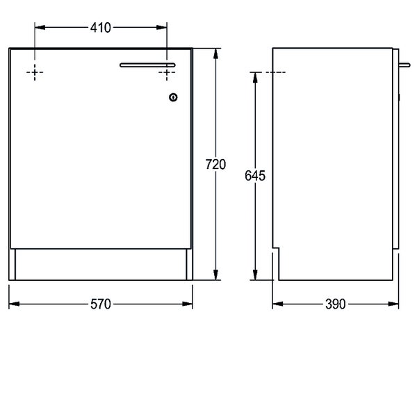 Maßzeichnung für einen Briefkasten mit den Abmessungen 570 Millimeter Breite, 720 Millimeter Höhe und 390 Millimeter Tiefe.