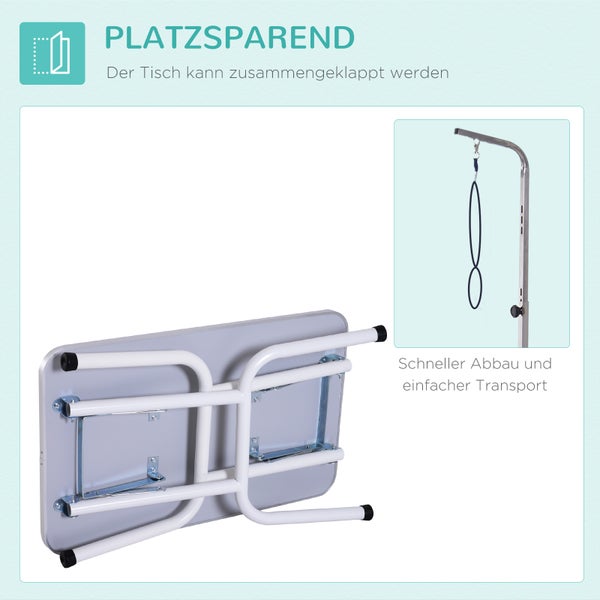 Zusammengeklappter Hundefrisiertisch für platzsparende Aufbewahrung und einfachen Transport