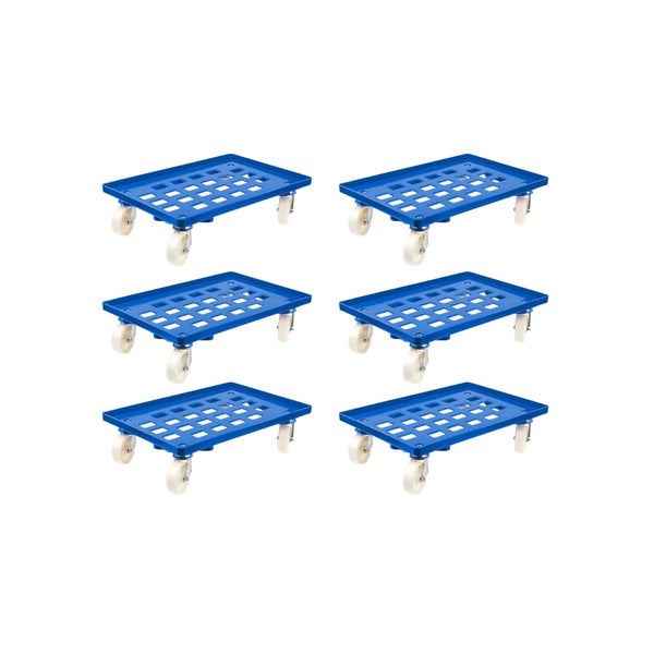 PROREGAL SparSet 6x Transportroller für Euroboxen 60 x 40 cm mit Kunststoffräder Blau Gitter/Rasterdeck 2 Lenkrollen und 2 Bockrollen Traglast 300 kg