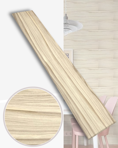 Wandpaneel mit strukturierter Holzoptik und Wellenmuster, Paneeldiele mit Detailansicht der Oberfläche und Anwendungsbeispiel im Wohnraum.