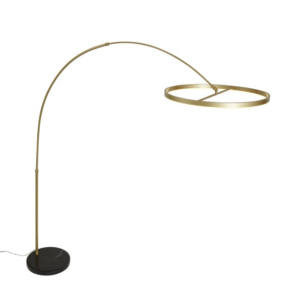 Goldene Bogenlampe mit ringförmigem LED-Leuchtkopf und rundem Sockel aus schwarzem Marmor.