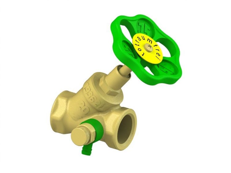 Freistromventil aus Messing mit grünem Handrad und Entleerungsventil.