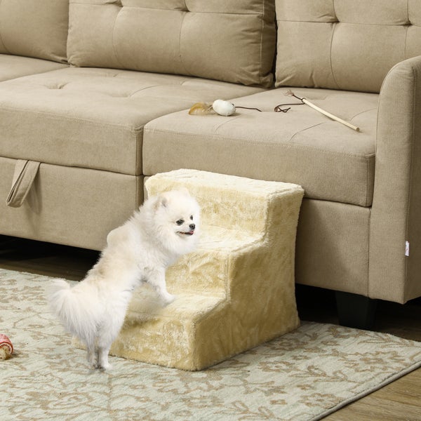 PawHut Hundetreppe 3 Stufen 35 cm Hoch Haustiertreppe für kleine Hunde oder Katzen, Katzentreppe Hunderampe mit Waschbar Plüschbezug für Bett, Sofa, Couch, Beige