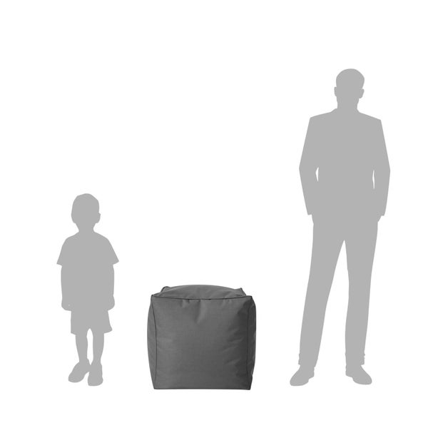 Quadratischer Sitzhocker als Sitzsack mit Silhouetten von Kind und Erwachsenem zum Größenvergleich