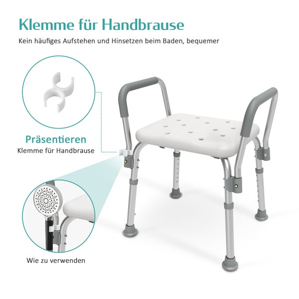EMKE Duschhocker mit Abnehmbarer Armlehne, Anti-Rutsch Duschstuhl Höhenverstellbar, Badhocker Max. Tragfähigkeit 136 kg - Badhocker für senioren