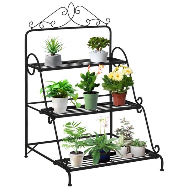 Outsunny Blumentreppe aus Metall 3 Stufen Pflanzenständer Pflanzentreppe Leiterregal Blumenständer innen draußen Schwarz 60,5 x 59,5 x 95,5 cm