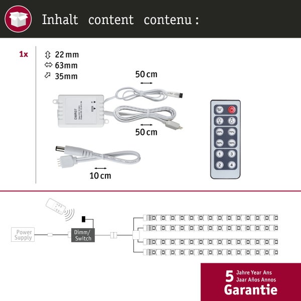 LED-Controller-Set mit Dimmer, Fernbedienung, Kabeln. Maße 22 mal 63 mal 35 Millimeter. Kabel 50 und 10 Zentimeter. Schaltplan. 5 Jahre Garantie.