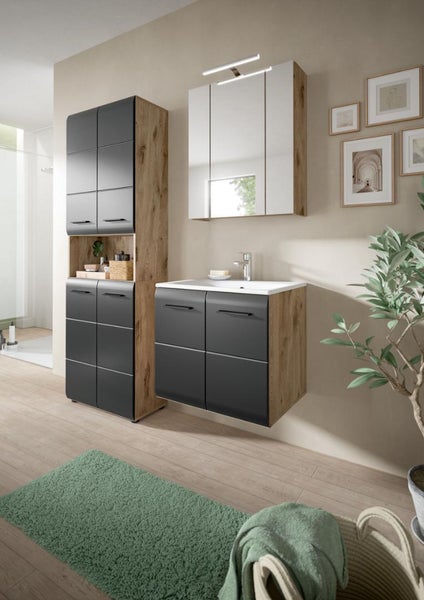 Modernes Badezimmermöbel Set in Anthrazit und Eichenoptik mit Waschtisch, Spiegelschrank inklusive LED Beleuchtung und einem Hochschrank.